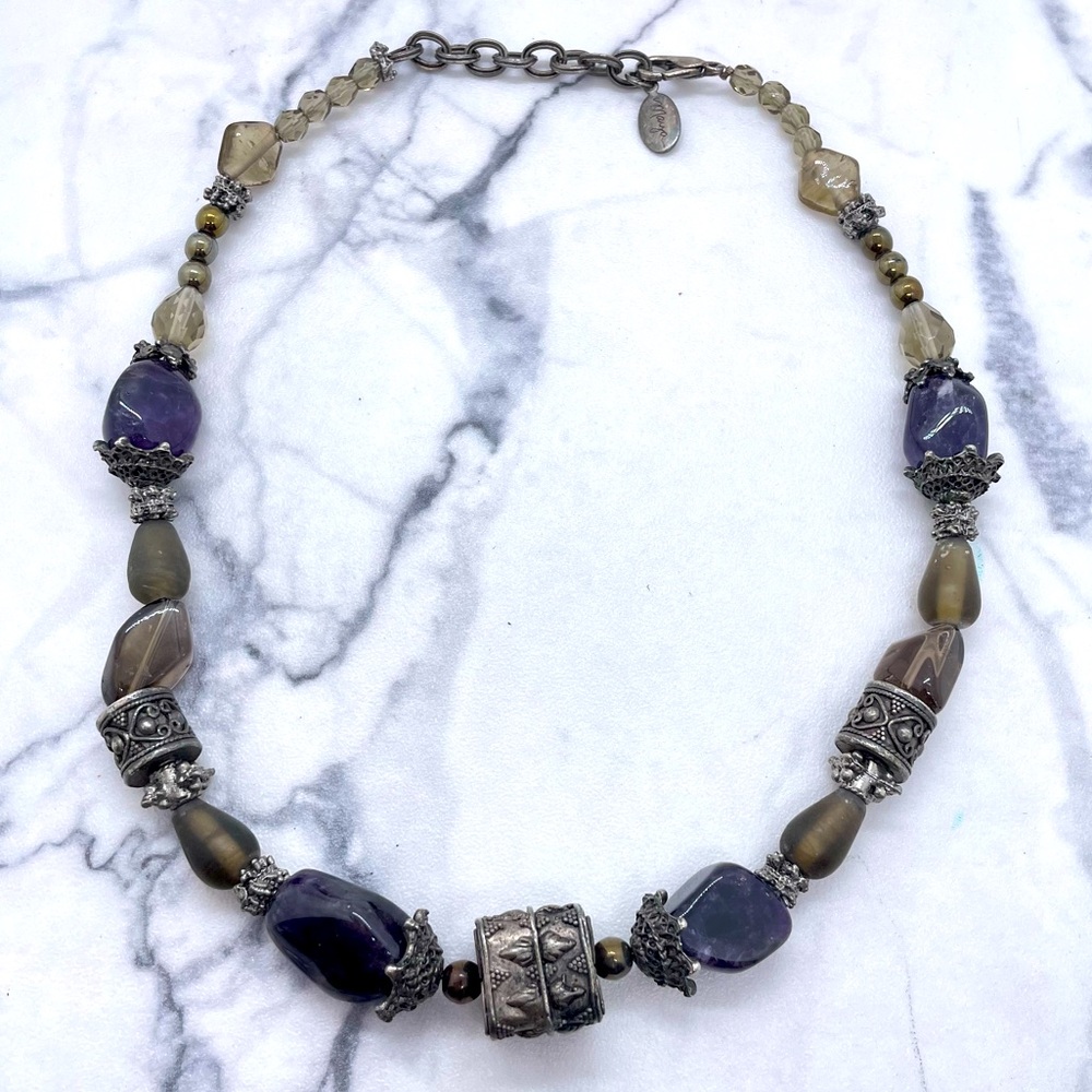 Stone Glass Metal Necklace Signed Maya Bohemian Boho Gypsy Style Purple